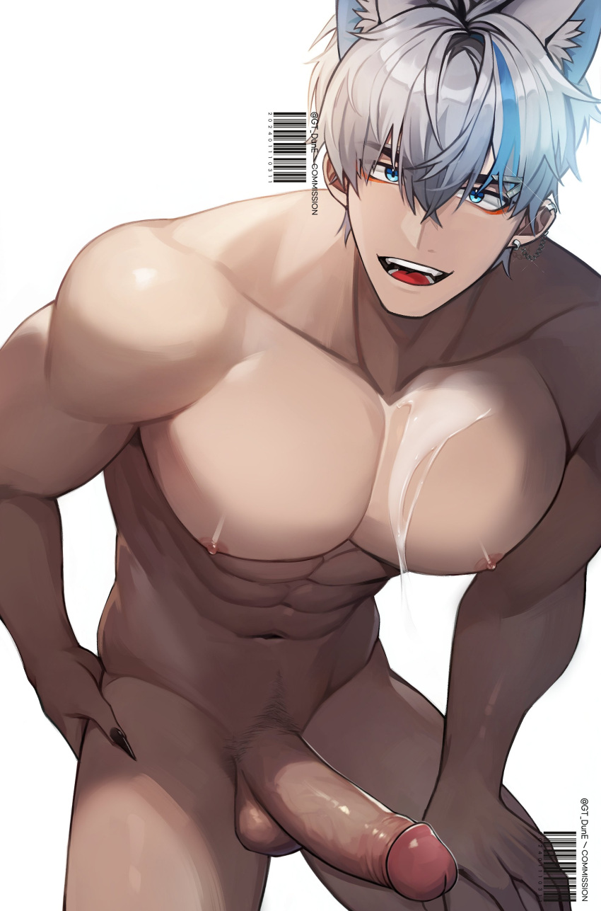 1boy abs absurdres animal_ear_fluff animal_ears bara barcode black_nails blue_eyes blue_hair completely_nude cum cum_on_body cum_on_male cum_on_pectorals earclip erection eyeshadow fang fingernails grey_hair gt_dune hair_between_eyes hair_ornament hairclip hand_on_own_hip hand_on_own_thigh highres large_pectorals large_penis leaning_forward long_fingernails looking_at_viewer makeup male_focus male_pubic_hair multicolored_hair muscular muscular_male navel nipples nude open_mouth original pectorals penis pubic_hair red_eyeshadow short_hair simple_background smile solo streaked_hair teeth testicles thighs tongue twitter_username uncensored white_background