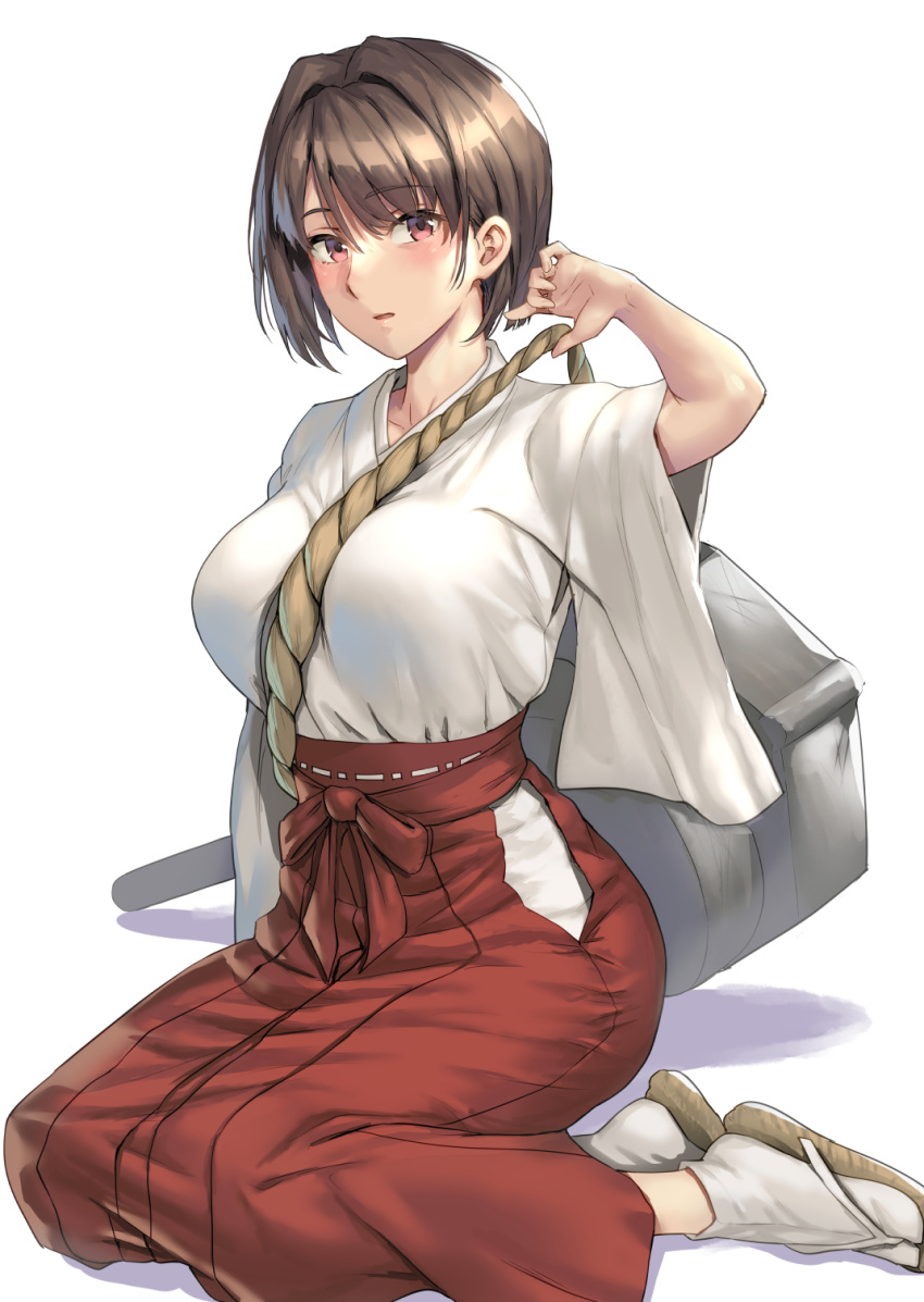 1girl between_breasts blush breasts brown_eyes brown_hair collarbone hair_intakes hakama hakama_skirt highres hyuuga_(kancolle) japanese_clothes kantai_collection kokuzou large_breasts looking_at_viewer miko open_mouth red_hakama sandals short_hair short_sleeves simple_background skirt socks solo turret white_background white_socks wide_sleeves