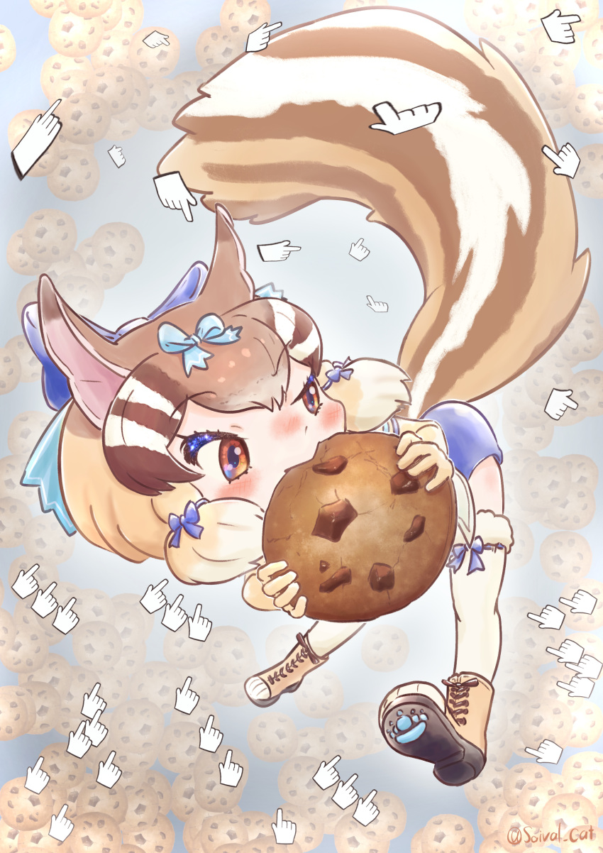 absurdres animal_ears boots brown_eyes brown_hair chipmunk_ears chipmunk_girl chipmunk_tail cookie cookie_clicker eating extra_ears food gloves highres kemono_friends kemono_friends_v_project parody ribbon saival_cat short_hair shorts siberian_chipmunk_(kemono_friends) tail thighhighs virtual_youtuber