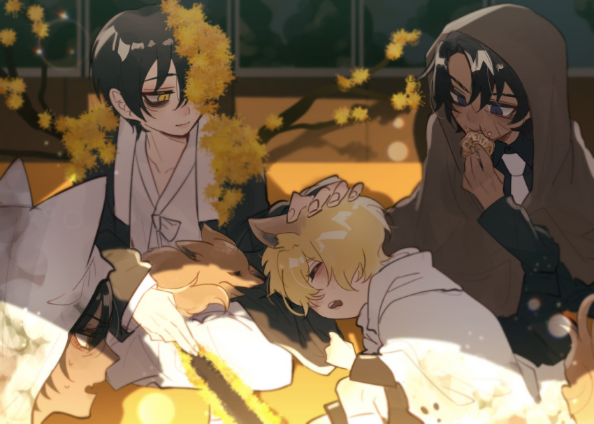 1girl 3boys animal_ears animal_on_lap black_coat black_hair brown_hair cloak closed_mouth coat cookie drifting_fox e.g.o_(project_moon) eating flower food fox fox_ears fox_tail hand_up heathcliff_(project_moon) limbus_company long_sleeves multiple_boys on_lap outis_(project_moon) petting pmchell_04 project_moon purple_eyes sinclair_(project_moon) smile tail white_cloak white_hanbok yellow_eyes yellow_flower yi_sang_(project_moon)