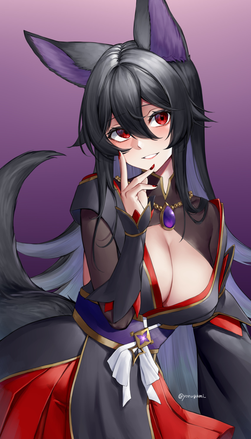 1girl absurdres alternate_breast_size animal_ear_fluff animal_ears black_hair blush breasts center_opening cleavage fox_ears fox_girl fox_tail gradient_background hair_between_eyes highres jewelry kitsune large_breasts long_hair looking_at_viewer nail_polish original pink_background purple_background red_eyes red_lips red_nails shaded_face smile solo tail very_long_hair yorugami_rei