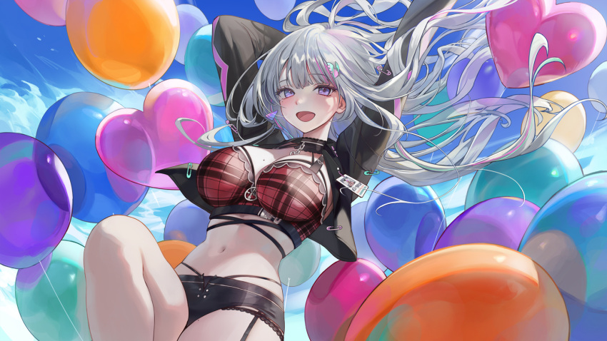 1girl :d arms_up balloon black_choker black_jacket black_shorts blue_eyes blue_hair blunt_bangs bra breasts choker cleavage cropped_arms cropped_legs ember_amane green_hair hair_ornament hairclip heart_balloon id_card jacket large_breasts long_hair looking_at_viewer midriff multicolored_hair myoushun navel open_mouth paperclip phase_connect pink_hair red_bra short_shorts shorts sidelocks sky smile underwear white_hair