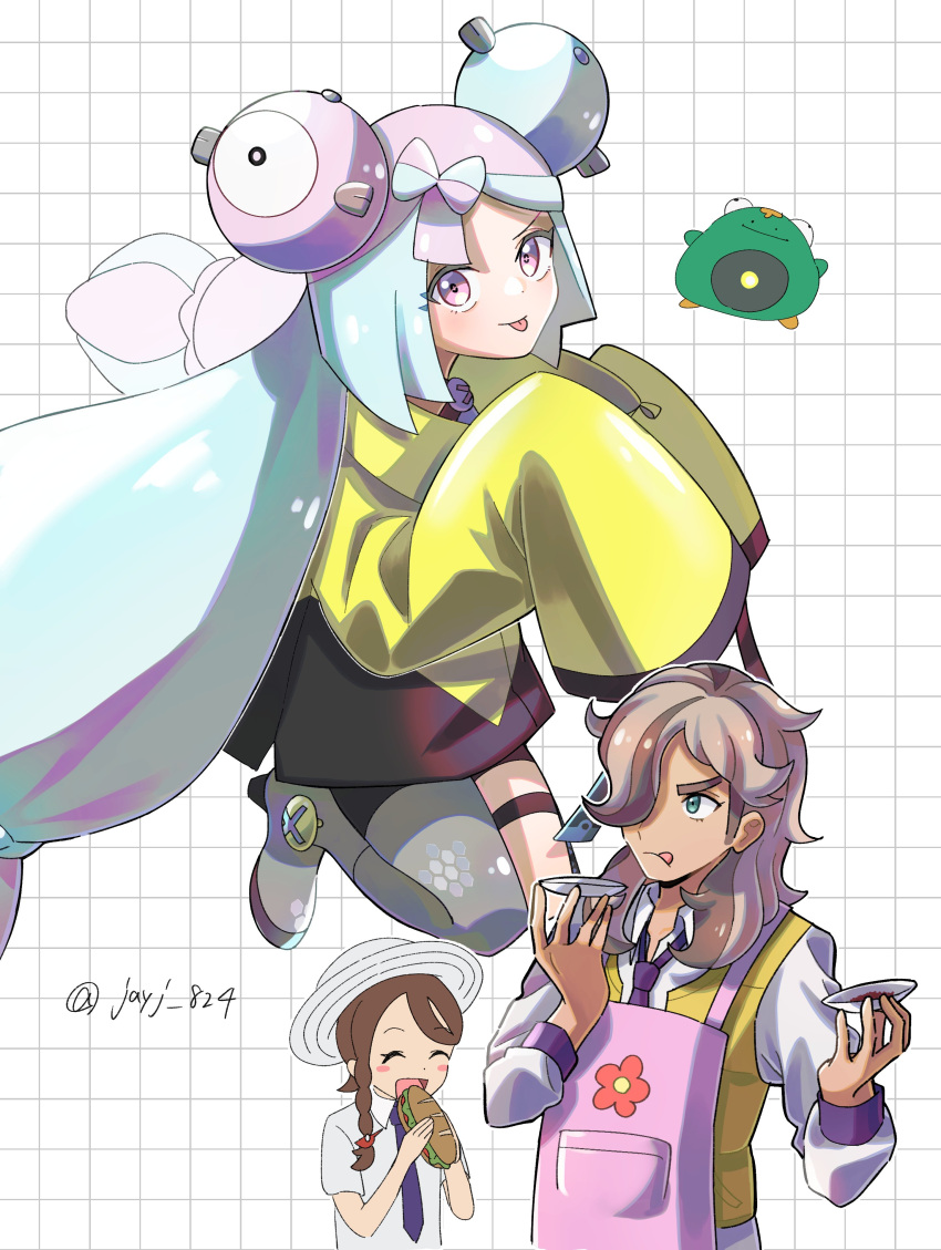 1boy 2girls :q absurdres apron arven_(pokemon) bellibolt boots bow-shaped_hair character_hair_ornament collared_shirt commentary_request eating floral_print food green_eyes green_hair grey_footwear grid_background hair_ornament hair_over_one_eye hat highres holding holding_food iono_(pokemon) jacket jayj_824 juliana_(pokemon) long_hair long_sleeves multicolored_hair multiple_girls necktie pink_apron pink_eyes pink_hair pokemon pokemon_sv sandwich shirt single_leg_pantyhose sleeves_past_fingers sleeves_past_wrists thigh_strap tongue tongue_out twintails twitter_username two-tone_hair vest yellow_jacket yellow_vest