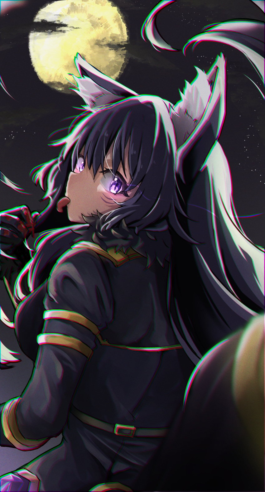 1girl absurdres animal_ear_fluff animal_ears belt black_gloves black_hair black_jacket blood blood_on_clothes blood_on_hands breasts chromatic_aberration cloud cloudy_sky commentary_request delta_(kage_no_jitsuryokusha_ni_naritakute!) facial_mark full_moon fur-trimmed_gloves fur-trimmed_jacket fur_trim gem gloves glowing glowing_eyes gold_trim hair_between_eyes highres jacket kage_no_jitsuryokusha_ni_naritakute! kamisu_yu long_hair long_sleeves looking_at_viewer looking_back medium_breasts moon night night_sky outdoors purple_eyes purple_gemstone sidelocks sky slit_pupils solo star_(sky) tail tongue tongue_out upper_body variant_set wolf_ears wolf_girl wolf_tail