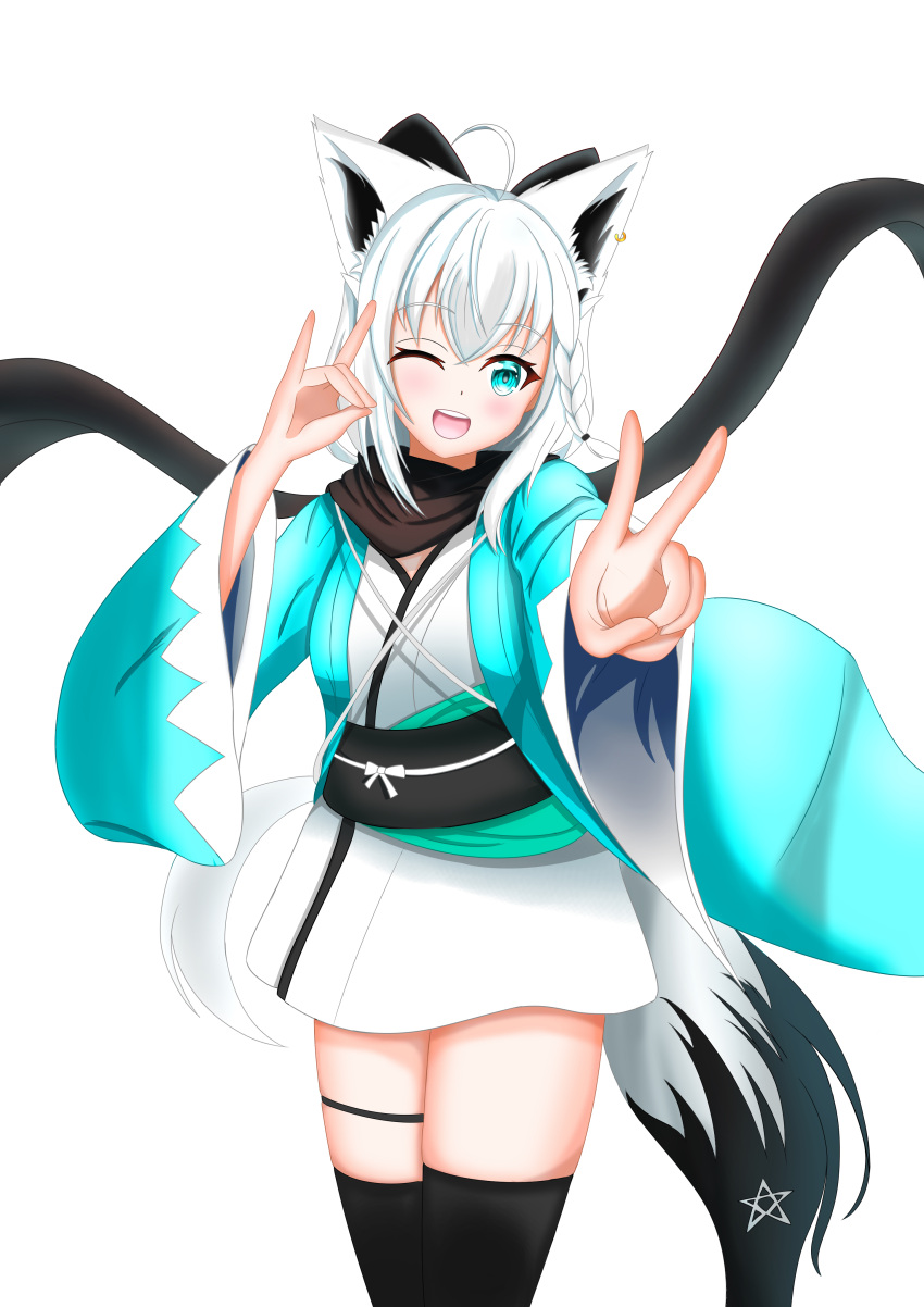 1girl absurdres ahoge animal_ear_fluff animal_ears black_thighhighs braid commentary_request cosplay earrings fate/grand_order fate_(series) fox_ears fox_girl fox_shadow_puppet fox_tail green_eyes hair_between_eyes highres hololive jewelry long_hair looking_at_viewer okita_souji_(fate) okita_souji_(koha-ace) okita_souji_(koha-ace)_(cosplay) one_eye_closed pentagram shirakami_fubuki sidelocks simple_background single_braid solo tail thigh_strap thighhighs user_tduh5752 v virtual_youtuber white_background white_hair
