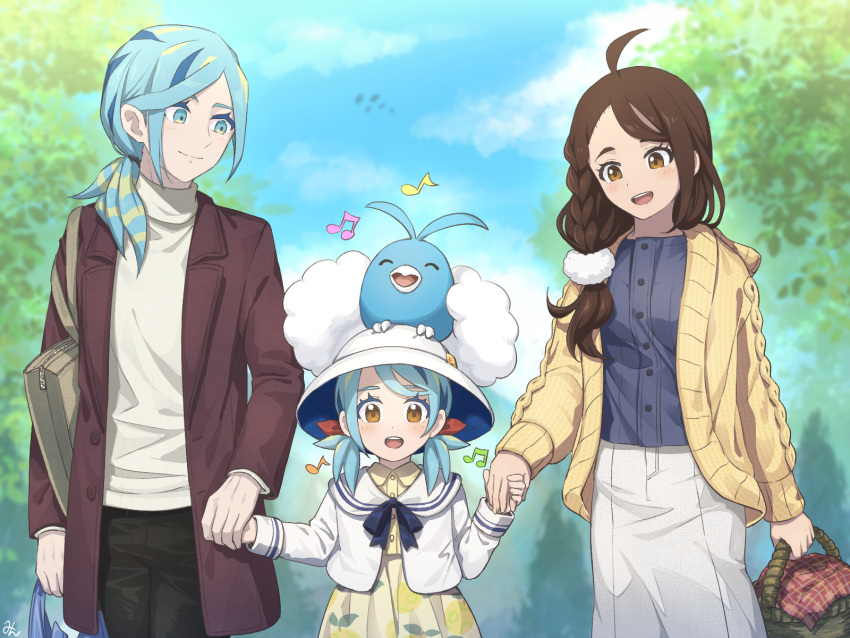1boy 2girls :d aged_up ahoge basket blurry blurry_background blush braid brown_coat brown_eyes brown_hair buttons cardigan cloud coat commentary_request day eyelashes grusha_(pokemon) hair_over_shoulder hat highres holding holding_hands if_they_mated juliana_(pokemon) min_(myna8247) multiple_girls musical_note on_head open_cardigan open_clothes open_coat open_mouth outdoors pants pokemon pokemon_(creature) pokemon_on_head pokemon_sv ponytail skirt sky smile swablu teeth upper_teeth_only zipper