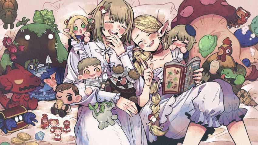 2girls abingbeey basilisk bat_(animal) blonde_hair blush braid chilchuck_tims choker closed_eyes dragon dungeon_meshi egg elf falin_thorden frog golem hair_ornament hairpin hermit_crab highres kelpie kensuke_(dungeon_meshi) laios_thorden laughing long_hair lying mandrake manga_(object) marcille_donato mermaid merman mimic mimic_chest monster_boy monster_girl multiple_girls nightgown on_back on_bed pointy_ears polearm reading red_choker scorpion senshi_(dungeon_meshi) short_hair single_braid slime_(creature) spear stuffed_animal stuffed_toy walking_mushroom_(dungeon_meshi) weapon white_nightgown