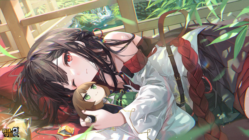 1girl bare_shoulders benghuai_xueyuan black_hair breasts brown_hair copyright_name detached_sleeves doll elsa_lopez_(benghuai_xueyuan) green_eyes highres holding holding_doll honkai_(series) indoors multicolored_hair mushoku_kika official_art one_eye_closed red_eyes red_hair second-party_source two-tone_hair water