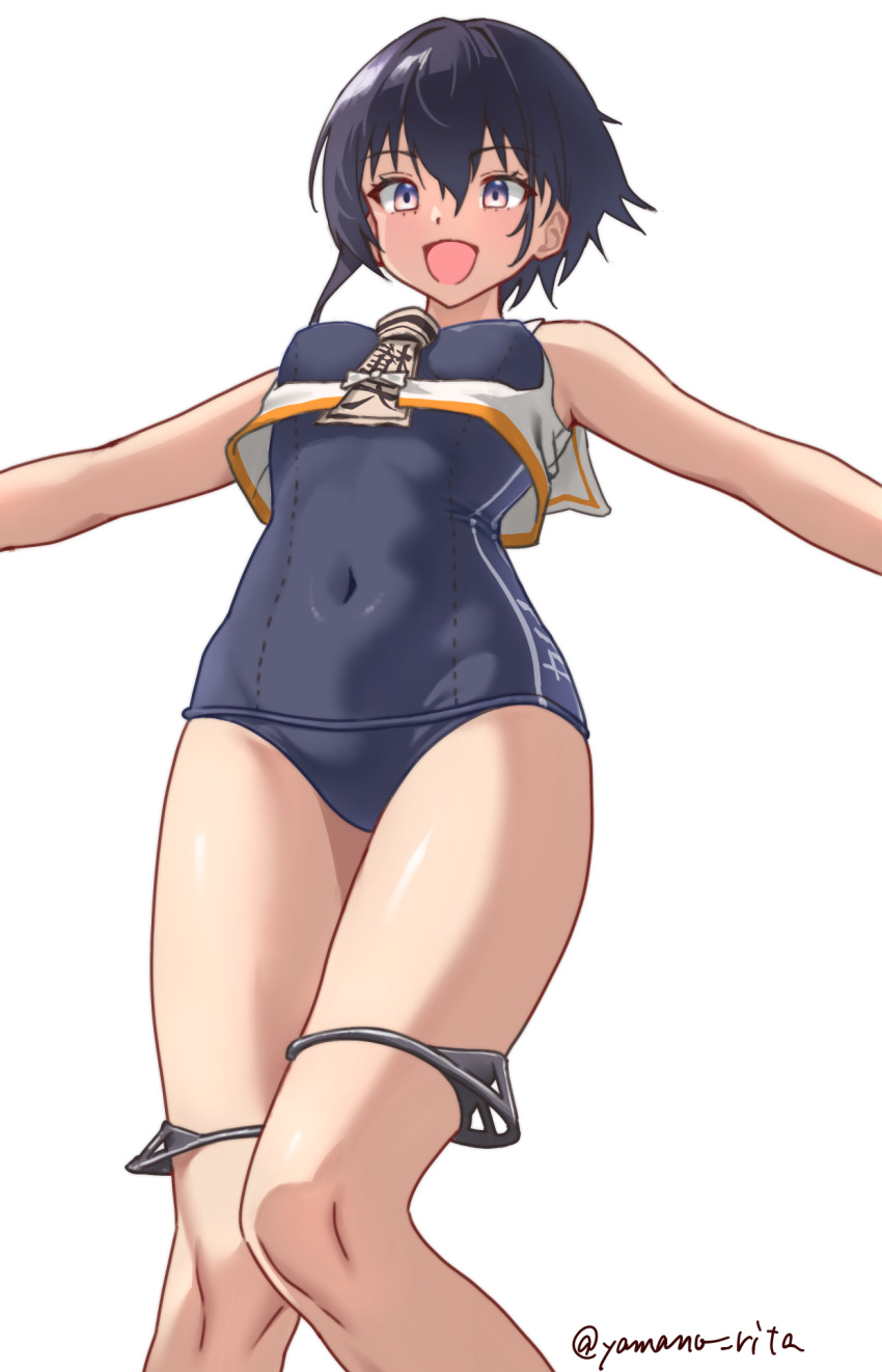 1girl asymmetrical_hair black_one-piece_swimsuit brown_neckerchief character_name covered_navel crop_top feet_out_of_frame framed_breasts highres i-14_(kancolle) kantai_collection neckerchief one-hour_drawing_challenge one-piece_swimsuit outstretched_arms sailor_collar school_swimsuit shirt short_hair short_hair_with_long_locks simple_background sleeveless sleeveless_shirt solo swimsuit white_background white_sailor_collar yamano_rita