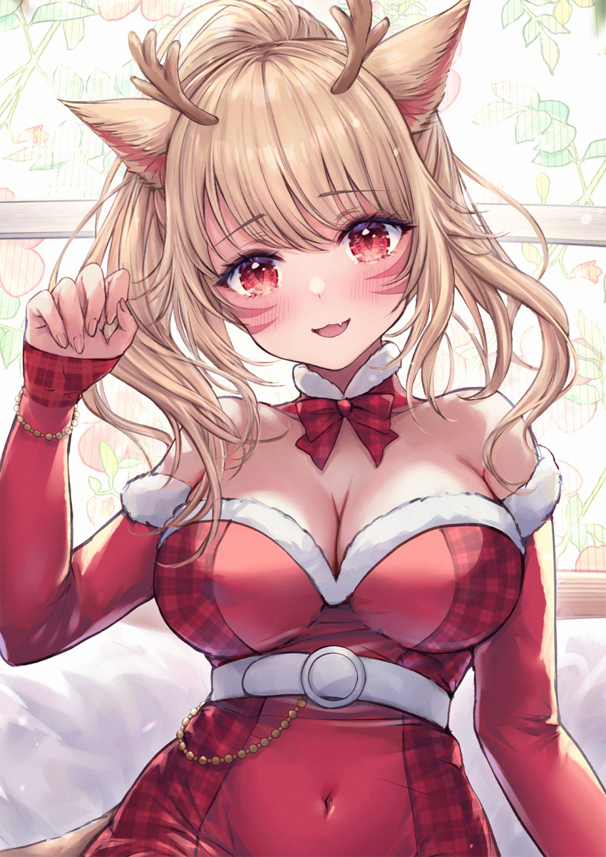 1girl animal_ears bare_shoulders belt blonde_hair blush breasts cat_ears cat_girl cat_tail cleavage commission detached_sleeves dress facial_mark fang final_fantasy final_fantasy_xiv fur-trimmed_dress fur_trim highres large_breasts long_hair looking_at_viewer miqo'te mirukurim open_mouth ponytail red_dress red_eyes sitting skeb_commission skin_fang tail warrior_of_light_(ff14) whisker_markings window