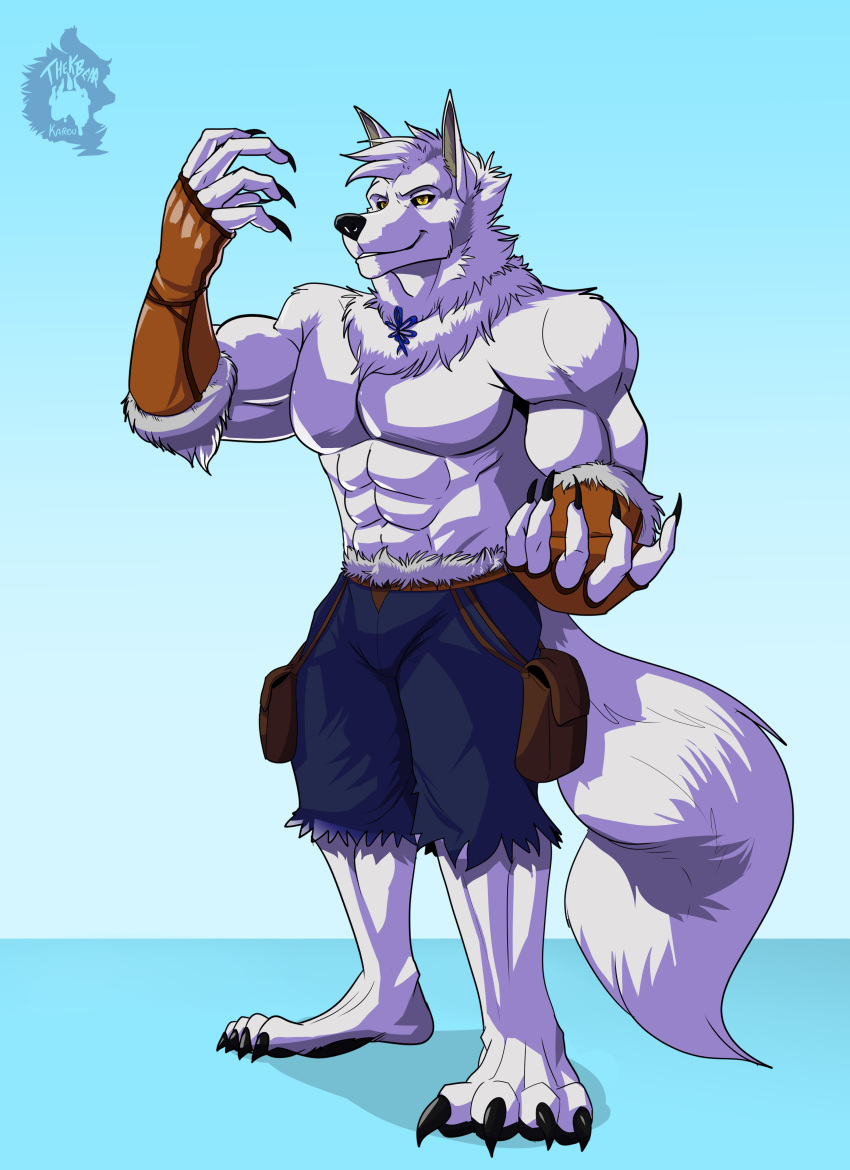 absurd_res anthro armwear bottomwear canid canine canis claws clothing elbow_gloves fingerless_elbow_gloves fingerless_gloves fur gloves gradient_background handwear hi_res jewelry looking_at_viewer male male/male male_anthro mammal muscular muscular_anthro muscular_male necklace pants shirtless shirtless_anthro shirtless_male simple_background solo solo_focus thekinkybear torn_bottomwear torn_clothing torn_pants white_body white_fur wolf