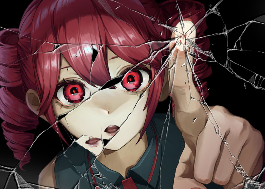 1girl against_fourth_wall against_glass bare_shoulders black_background black_shirt breaking broken_glass collared_shirt crack cracked_glass drill_hair fourth_wall glass hair_between_eyes hand_on_glass hand_up highres kasane_teto open_mouth poking portrait reaching reaching_towards_viewer rearea_7777 red_eyes red_hair shirt simple_background sleeveless solo twin_drills utau