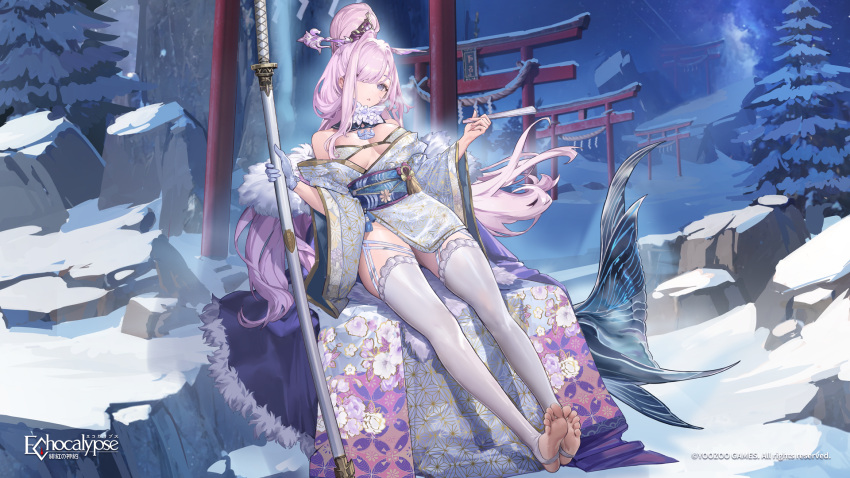 1girl artist_request blue_gloves blue_sash blue_tassel breasts copyright_notice echocalypse feet fins fish_girl fish_tail floral_print gloves grey_kimono grey_thighhighs hair_ornament hand_fan highres holding holding_fan holding_sword holding_weapon japanese_clothes katana kimono kyubey_(echocalypse) logo long_hair obi off_shoulder official_art purple_eyes purple_hair sash second-party_source sheath sheathed single_glove snow solo stirrup_legwear sword tail thighhighs toeless_legwear torii tree weapon