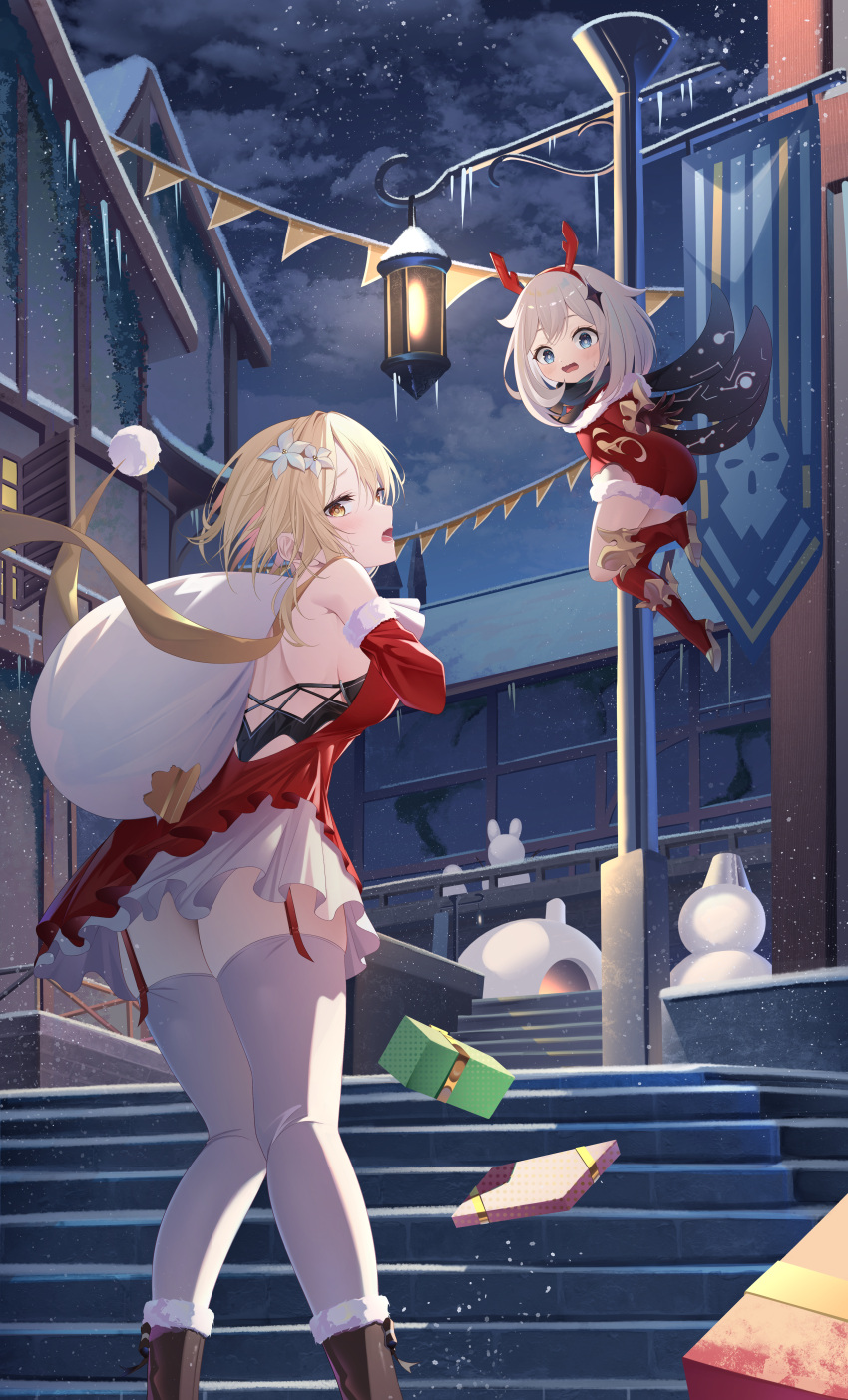 2girls absurdres blonde_hair blue_eyes christmas detached_sleeves dress dropped_object ekidona fake_antlers floating genshin_impact highres holding holding_sack long_hair looking_at_viewer looking_back lumine_(genshin_impact) medium_hair multiple_girls night night_sky open_mouth outdoors paimon_(genshin_impact) red_dress sack sky stairs thighhighs walking white_hair white_thighhighs yellow_eyes