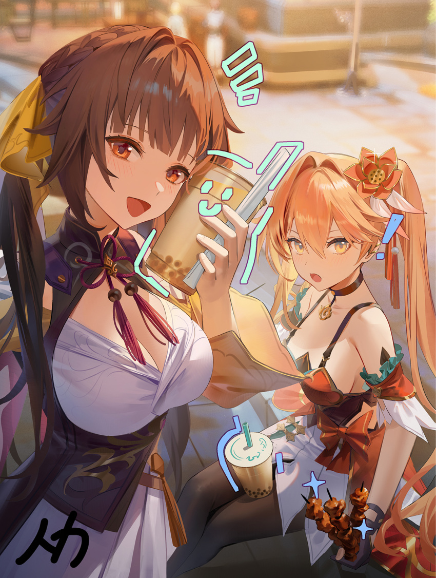 2girls black_choker black_pantyhose blurry blurry_background blush braid breasts brown_hair bubble_tea chinese_clothes choker cleavage collarbone commentary cup detached_sleeves disposable_cup drawn_smile dress drink drinking_straw face_filter flower food guinaifen_(honkai:_star_rail) hair_flower hair_ornament high_ponytail highres holding holding_drink holding_food holding_skewer honkai:_star_rail honkai_(series) large_breasts looking_at_viewer multiple_girls open_mouth orange_eyes orange_hair outdoors pantyhose red_dress renlili selfie short_sleeves sitting skewer standing sushang_(honkai:_star_rail) white_dress yellow_eyes yellow_sleeves