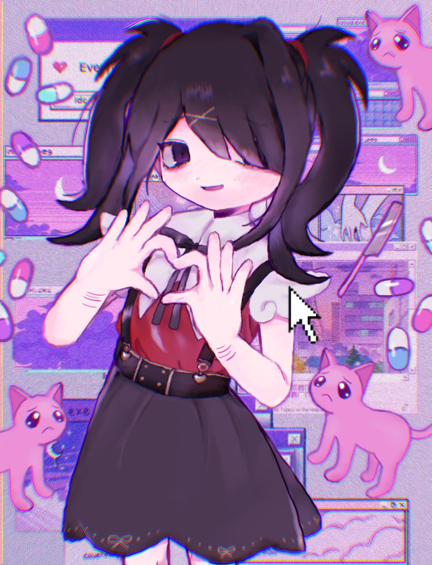 1girl ame-chan_(needy_girl_overdose) black_hair black_ribbon black_skirt cat collared_shirt cowboy_shot cuts emoji frown hair_ornament hair_over_one_eye hands_up heart heart_hands highres injury long_hair looking_at_viewer neck_ribbon needy_girl_overdose open_mouth pien_cat_(needy_girl_overdose) pill pleading_face_emoji purple_eyes pyure_(pyure0729) razor_blade red_shirt ribbon scar scar_on_arm self-harm self-harm_scar shirt skirt smile solo suspender_skirt suspenders twintails x_hair_ornament