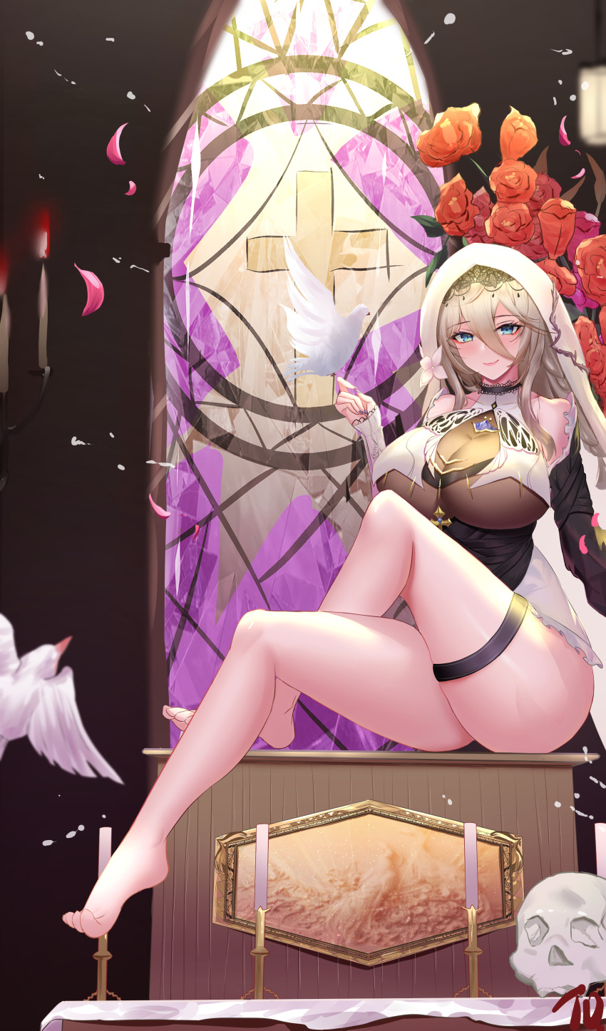 1girl absurdres aponia_(honkai_impact) bare_shoulders barefoot bird bird_on_hand black_pantyhose blonde_hair blue_eyes breasts candle cleavage closed_mouth covered_collarbone cross crossed_legs dove dress falling_petals flower habit hair_between_eyes hair_flower hair_ornament highres honkai_(series) honkai_impact_3rd legs nanoda002_(saber427) nun orange_flower pantyhose petals pink_petals see-through see-through_cleavage sitting skull sleeveless sleeveless_dress smile stained_glass thigh_strap white_flower