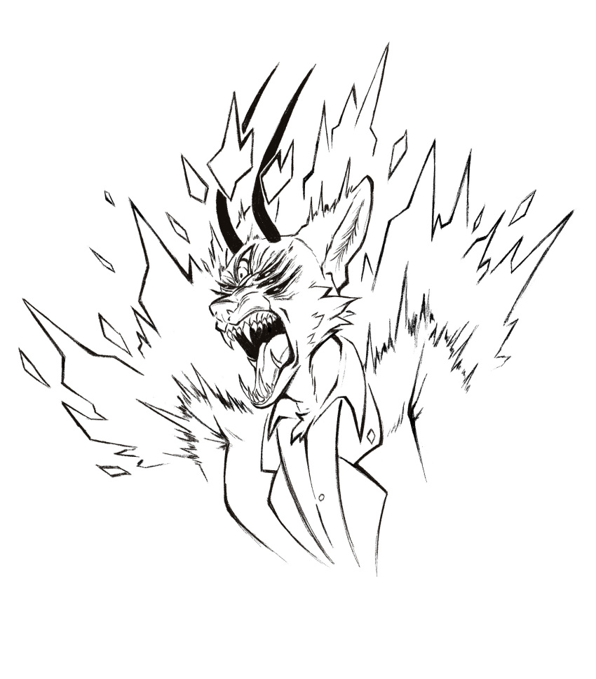 2023 2_horns 5_fingers 7_eyes absurd_res angry anthro bared_teeth black-backed_jackal black_and_white breasts bust_portrait button_(fastener) canid canid_demon canine canis cc-by-sa cheek_tuft claws cleavage clothed clothed_anthro clothed_female clothing creative_commons demon digital_drawing_(artwork) digital_media_(artwork) dress_shirt elemental_manipulation english_text eyebrows facial_tuft fangs female female_anthro finger_claws fingers fire fire_manipulation front_view fur fur_tuft head_tuft hellhound hi_res horn inner_ear_fluff jackal jacket long_horn mammal monochrome multi_eye official_art open_mouth portrait possumcrimes prick_ears profanity pupils scp-6159-1 scp_foundation shirt simple_background snout solo teeth text tongue topwear tuft white_background whore_of_blood
