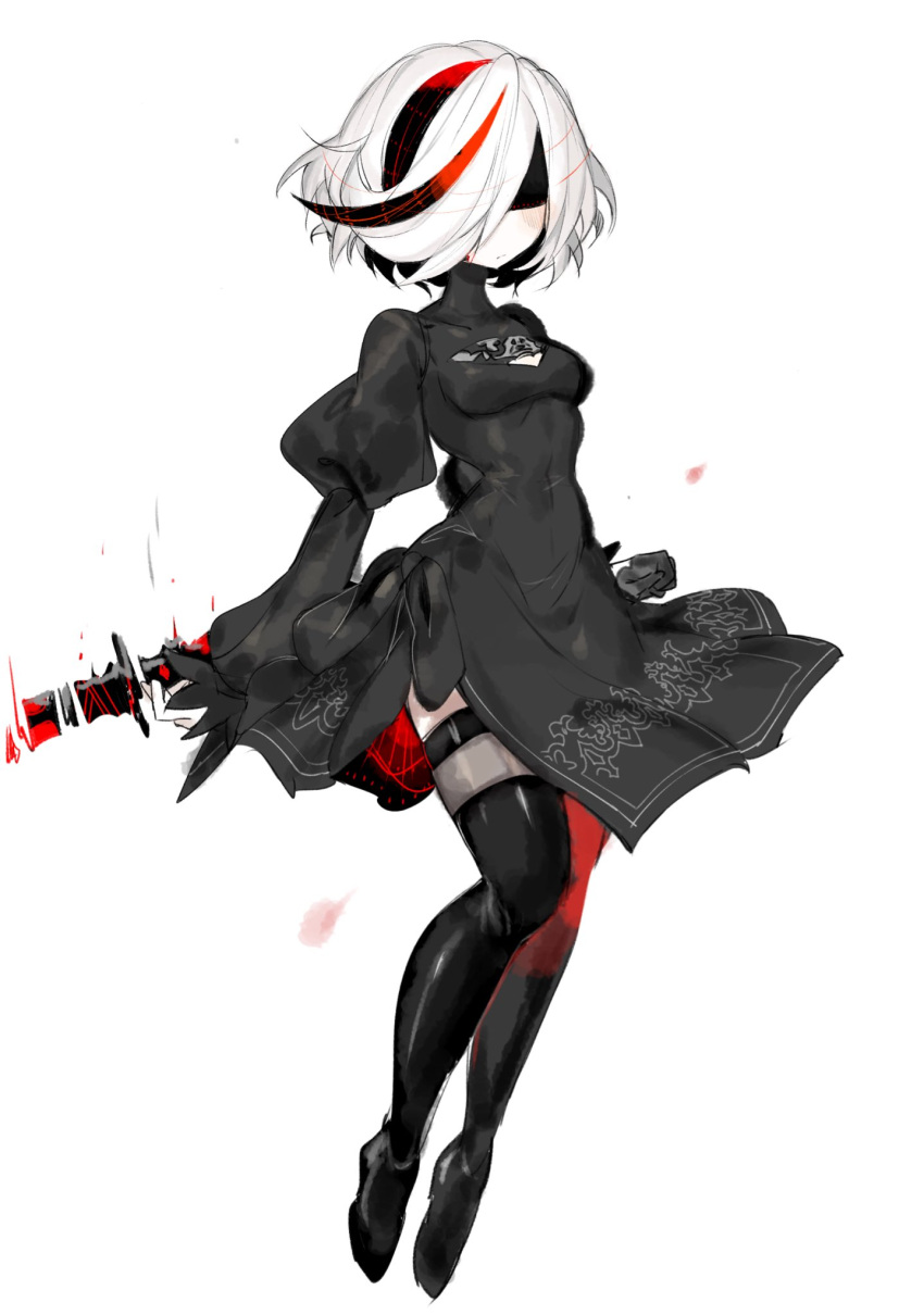 2b_(nier:automata) 2b_(nier:automata)_(cosplay) black_blindfold black_dress blindfold boots breasts cleavage_cutout clothing_cutout cosplay dress highres multicolored_hair nier:automata nier_(series) sage_(sonic) small_breasts sonic_(series) sonic_frontiers streaked_hair sword thigh_boots thighhighs usa37107692 weapon white_hair