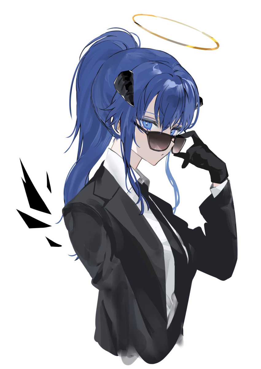 1girl adjusting_eyewear alternate_costume ark_mmmm arknights black-framed_eyewear black_gloves black_horns black_jacket black_necktie black_wings blue_eyes blue_hair breasts closed_mouth collared_shirt commentary cropped_torso demon_horns detached_wings dress_shirt energy_wings expressionless eyelashes fallen_angel from_side gloves hair_between_eyes halo hand_on_eyewear hand_up high_collar high_ponytail highres horns jacket lapels layered_sleeves long_hair long_sleeves looking_at_viewer looking_over_eyewear looking_to_the_side medium_breasts mostima_(arknights) necktie notched_lapels open_clothes open_jacket pale_skin ponytail procreate_(medium) profile shade shirt shirt_tucked_in sidelocks simple_background solo standing straight_hair suit sunglasses tinted_eyewear upper_body white_background white_shirt wing_collar wings yellow_halo