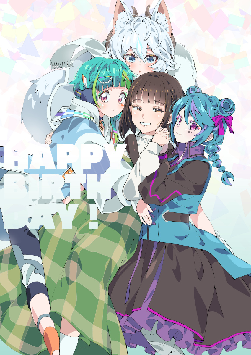 4girls absurdres akine_emi animal_ear_fluff animal_ears black_dress blue_eyes blue_hair blue_jacket blunt_bangs braid brown_hair cat_ears closed_mouth crossover double_bun dress eyeshadow feet_out_of_frame frilled_dress frills fujidera_minori green_dress green_eyeshadow green_hair guardian_tales hair_bun hair_ornament happy_birthday headphones highres holding_hands horns hug idol_clothes jacket juugo_shoujo long_hair long_sleeves looking_at_viewer makeup multicolored_hair multiple_girls omega_auru omega_auru_(primagista) open_mouth pink_eyes pretty_series purple_eyes real_life short_hair simple_background smile streaked_hair tsujii_ruki twin_braids voice_actor voice_actor_connection waccha_primagi! white_background white_hair white_snow_(guardian_tales) x_hair_ornament