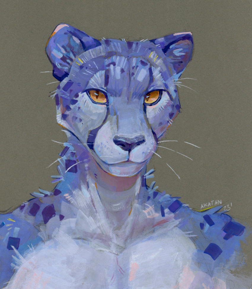 2023 akatan_art anthro blue_body blue_fur blue_nose bust_portrait dated felid front_view fur glistening glistening_eyes hi_res male mammal mouth_closed no_sclera orange_eyes portrait pupils signature simple_background slit_pupils solo spots spotted_body spotted_fur whiskers