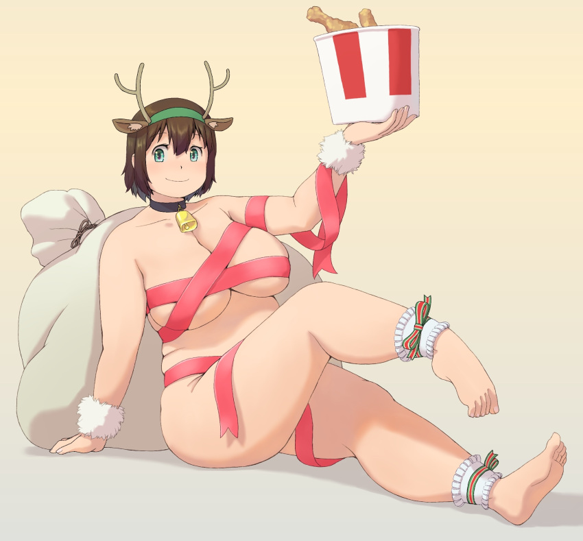 1girl animal_ears aqua_eyes bell breasts brown_hair bucket_of_chicken christmas cleavage closed_mouth collarbone commentary_request fake_animal_ears fake_antlers fried_chicken hair_between_eyes highres holding huge_breasts katou_(katohayabusa) looking_at_viewer medium_hair naked_ribbon neck_bell original plump reclining red_ribbon ribbon sack simple_background solo tareme thick_arms thick_thighs thighs white_wrist_cuffs yellow_background