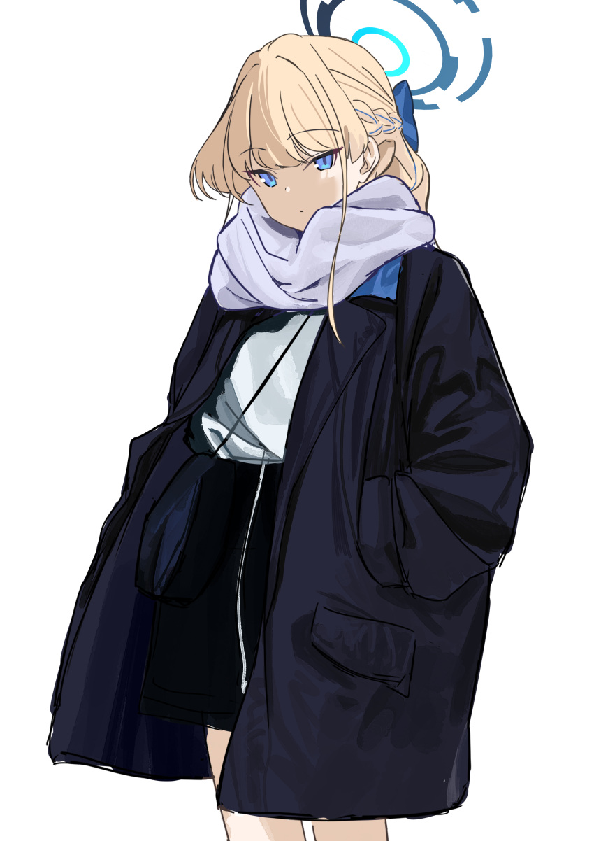 1girl absurdres bag black_bag black_coat black_skirt blonde_hair blue_archive blue_bow blue_eyes blue_halo bow coat commentary half_updo halo hands_in_pockets highres long_hair long_sleeves looking_at_viewer open_clothes open_coat scarf shoulder_bag sidelocks simple_background skirt solo tnr_(horiko1525) toki_(blue_archive) white_background white_scarf white_skirt