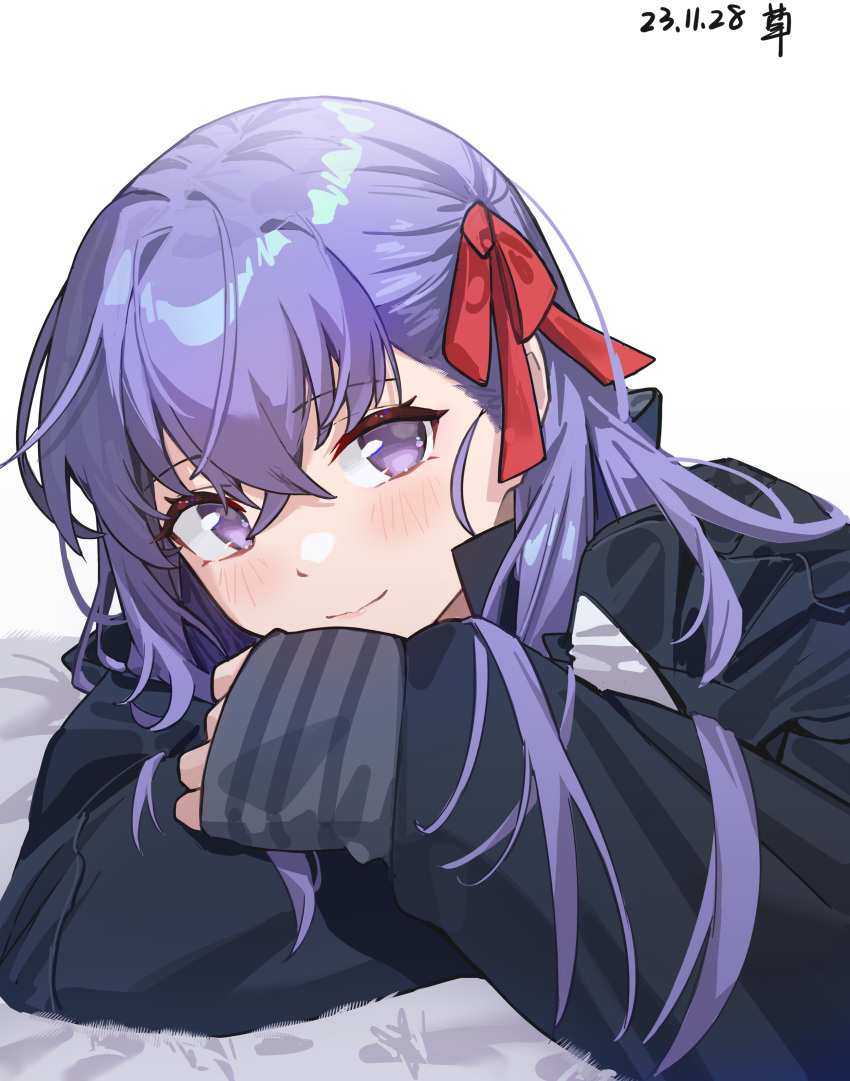 1girl absurdres asymmetrical_hair black_jacket closed_mouth crossed_bangs dated eyelashes fate/stay_night fate_(series) hair_between_eyes hair_ribbon hand_on_own_arm head_rest highres jacket light_blush long_hair long_sleeves looking_at_viewer matou_sakura no_pupils portrait purple_eyes purple_hair red_ribbon ribbon sleeves_past_wrists smile solo user_hwnu4245 white_background