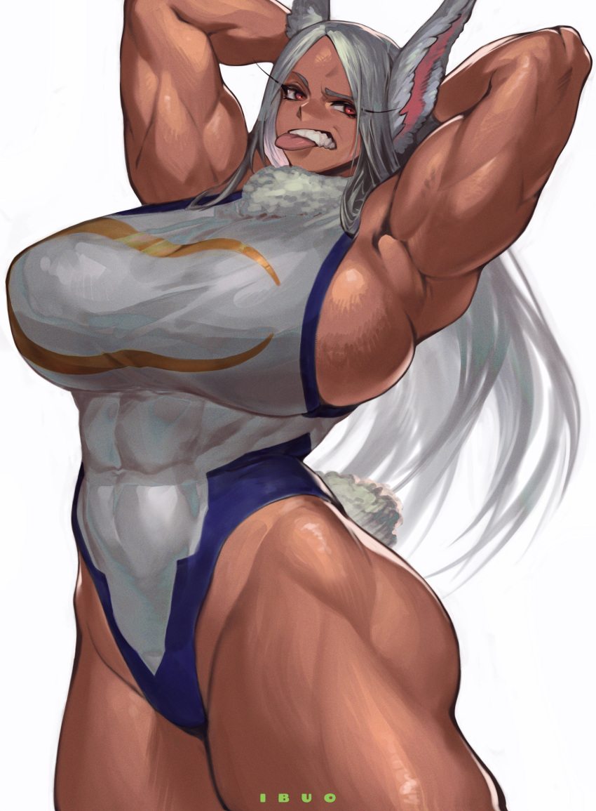 1girl absurdres animal_ears armpits arms_behind_head arms_up artist_name bare_legs bare_shoulders boku_no_hero_academia breasts covered_abs covered_navel covered_nipples crescent_print dark-skinned_female dark_skin fur_collar highleg highleg_leotard highres huge_breasts ibuo_(ibukht1015) leotard long_eyelashes long_hair looking_at_viewer mirko muscular muscular_female parted_bangs rabbit_ears rabbit_girl rabbit_tail red_eyes simple_background solo tail taut_leotard teeth thick_thighs thighs tongue tongue_out upper_teeth_only white_background white_hair white_leotard