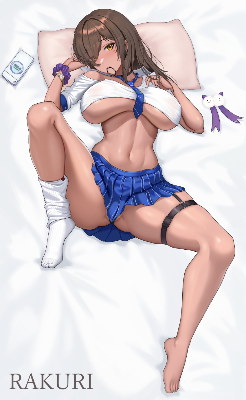 1girl absurdres bed_sheet breasts brown_hair commentary_request crop_top dark_skin goddess_of_victory:_nikke highres large_breasts long_hair looking_at_viewer lying midriff mouth_hold naga_(nikke) navel off_shoulder on_back partially_visible_vulva pillow rakuri_(rwrn5475) single_bare_shoulder single_sock socks solo stomach thigh_strap thighs underboob white_socks yellow_eyes