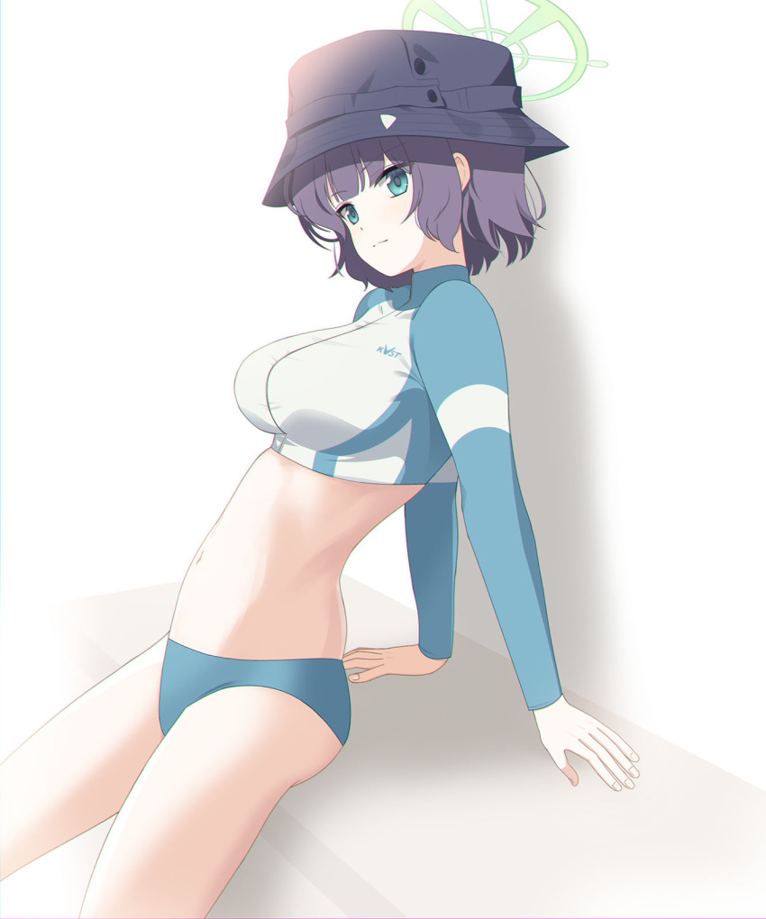 1girl arm_support ass black_hair blue_archive commentary_request eko green_eyes hair_between_eyes halo hat highres jacket leaning_back long_sleeves looking_at_viewer multicolored_clothes multicolored_jacket navel official_alternate_costume raglan_sleeves rash_guard saki_(blue_archive) saki_(swimsuit)_(blue_archive) short_hair sidelocks simple_background sitting smile solo stomach two-tone_jacket white_background