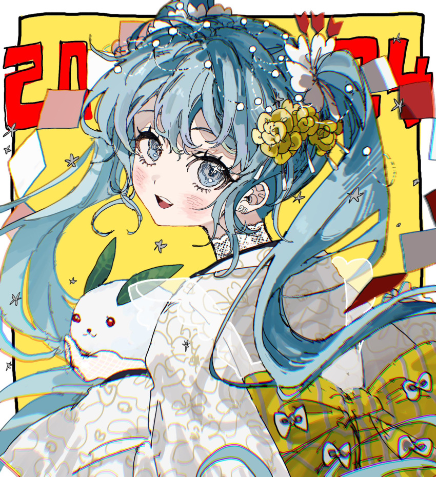 1girl 2024 :d back_bow blue_eyes blue_hair blush border bow ear_piercing floral_print flower from_side hair_between_eyes hair_flower hair_ornament hatsune_miku highres holding_rabbit inu_totemo japanese_clothes kimono long_hair long_sleeves looking_at_viewer open_mouth outside_border piercing print_kimono simple_background smile solo sparkling_eyes star_(symbol) striped_bow teeth twintails upper_body upper_teeth_only very_long_hair vocaloid white_border white_flower white_kimono wide_sleeves yellow_background yellow_bow yellow_flower