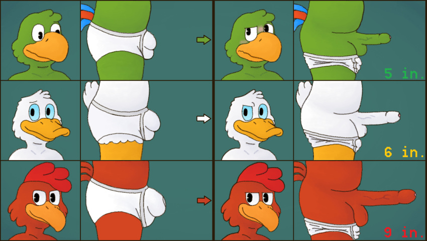 anthro beak black_eyes blue_body blue_feathers blue_sclera blush briefs briefs_only bulge clothed clothing colored_seam_underwear directional_arrow disney donald_duck embarrassed english_text feathers foreskin genitals gramy green_body green_feathers grey_seam_briefs grey_seam_underwear group hi_res humiliation jose_carioca male number orange_beak panchito_pistoles partially_clothed penis penis_size_comparison red_body red_feathers smile story story_in_description text tighty_whities topless trio underwear underwear_down underwear_only white_briefs white_clothing white_underwear
