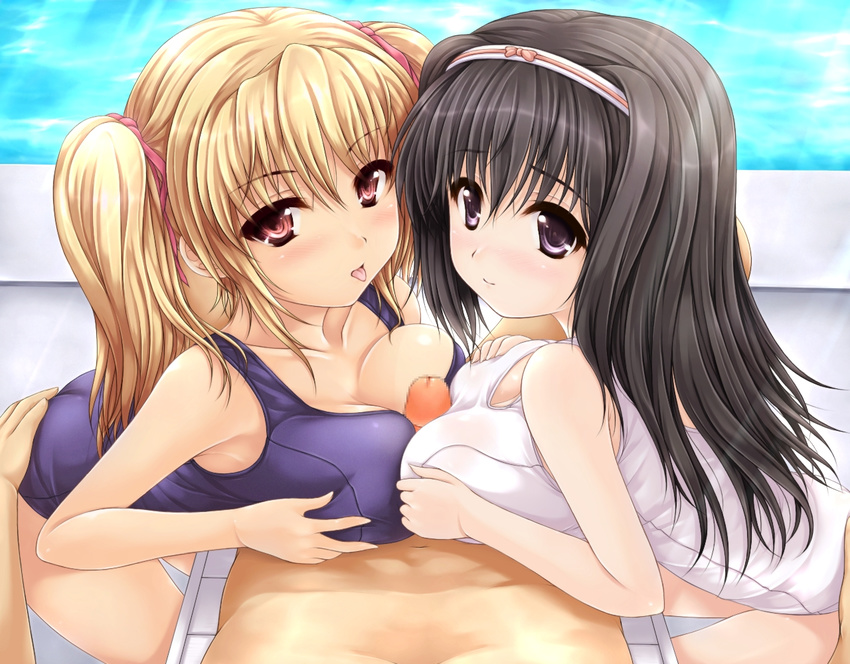 :p ass ass_grab black_hair blonde_hair blush breast_press breast_rest breasts censored copyright_request grabbing_another's_ass groping hair_ribbon hairband large_breasts long_hair multiple_girls multiple_paizuri old_school_swimsuit one-piece_swimsuit paizuri paizuri_over_clothes penis pink_eyes pool pov purple_eyes ribbon school_swimsuit smile swimsuit symmetrical_docking teamwork tongue tongue_out twintails uni8 white_school_swimsuit white_swimsuit