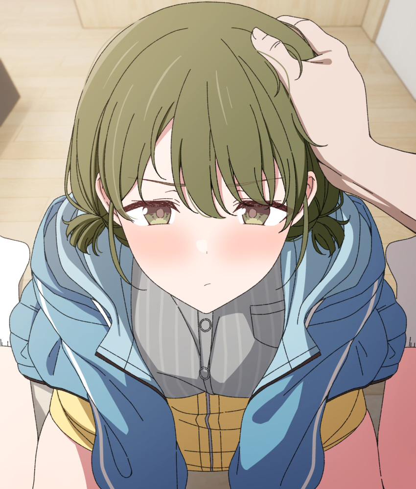 1girl arimon_(dfrgty12) blue_jacket blush closed_mouth commentary_request green_eyes green_hair grey_shirt hand_on_another's_head highres idolmaster idolmaster_shiny_colors jacket long_sleeves looking_at_viewer nanakusa_nichika pov shirt short_hair sitting skirt solo_focus striped striped_shirt vertical-striped_shirt vertical_stripes yellow_skirt
