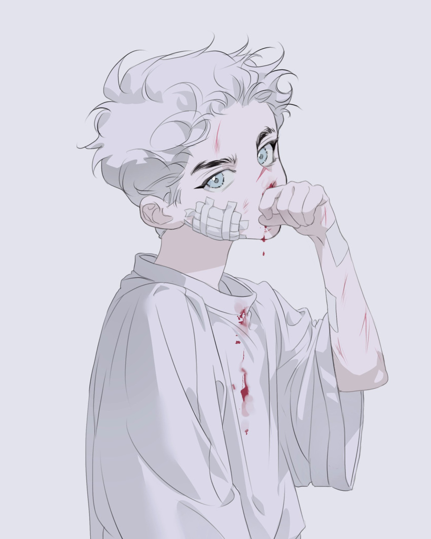 1boy bandaid bandaid_on_arm bandaid_on_cheek bandaid_on_face blood blood_on_clothes blood_on_face blue_eyes child covered_mouth cuts from_side grey_eyes grey_hair hand_up highres injury korean_commentary looking_at_viewer looking_to_the_side male_focus nosebleed or0loi original scratches shirt short_hair simple_background solo t-shirt upper_body white_background white_hair white_shirt wiping_blood wiping_nose