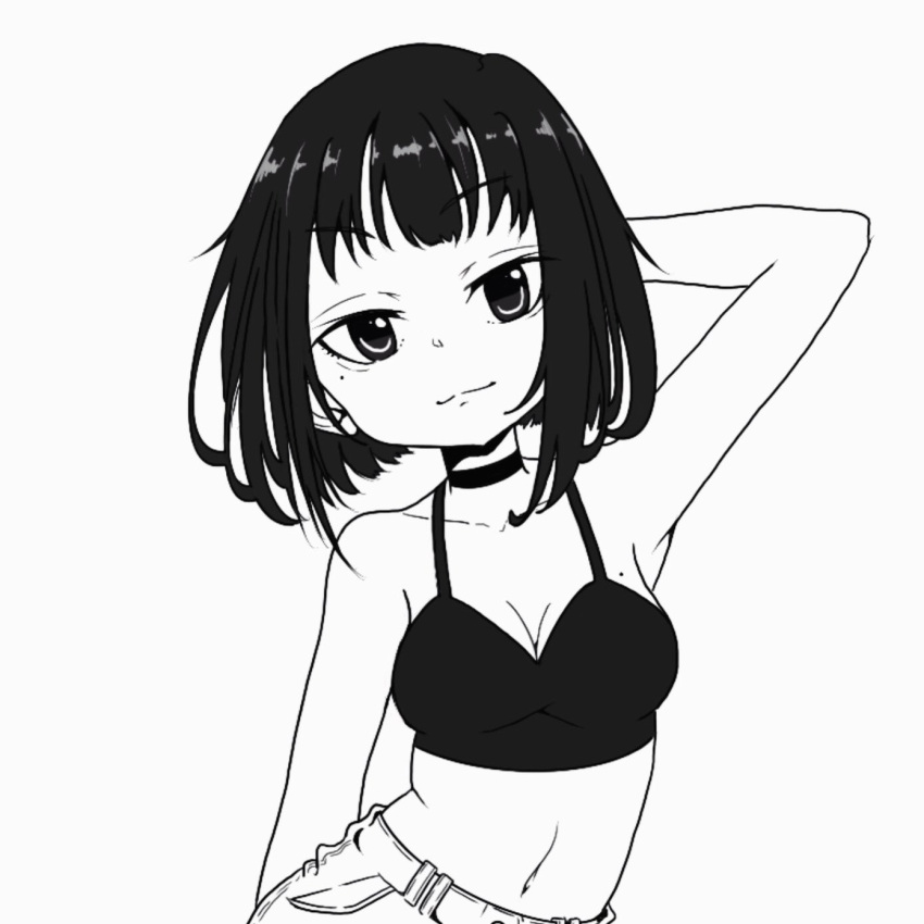 1girl arm_behind_head arm_up bra breasts choker closed_mouth greyscale high_contrast highres looking_at_viewer medium_breasts medium_hair monochrome nao97122 navel no_shirt original simple_background solo underwear upper_body white_background