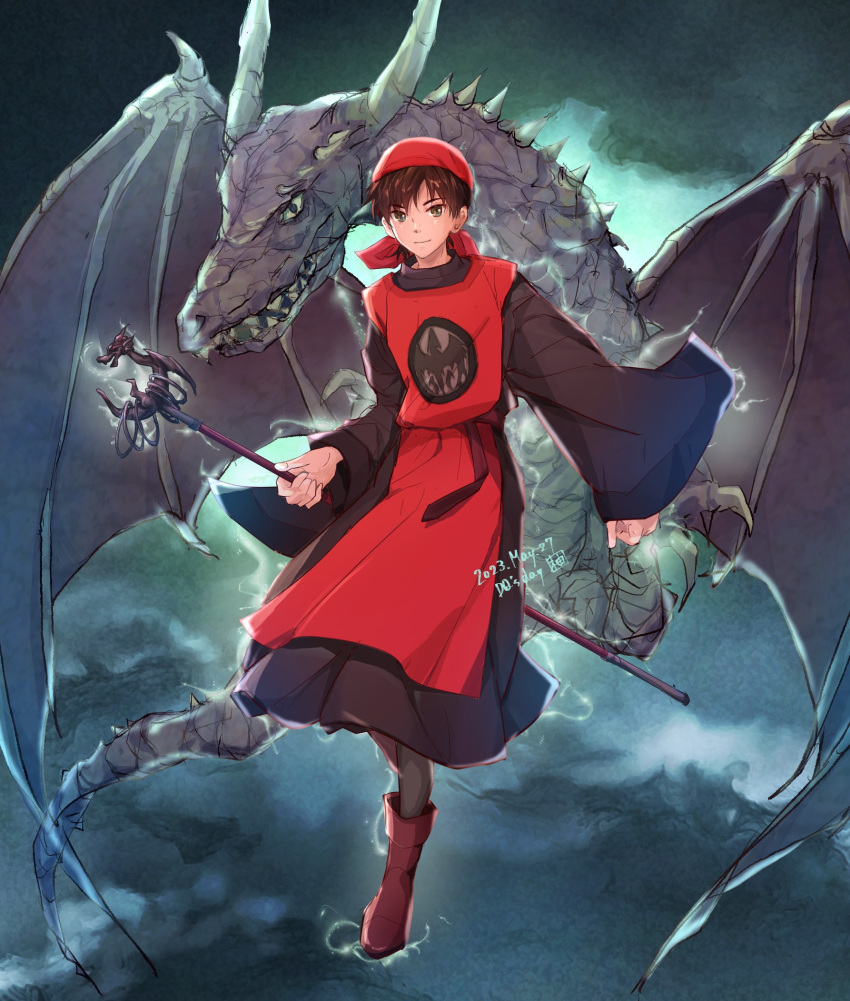 1boy bandana black_robe boots brown_hair character_request check_character cloud dated dragon dragon_quest dragon_quest_viii electricity full_body hero_(dq8) highres holding holding_staff looking_at_viewer magic male_focus red_footwear red_headwear red_tabard reflection robe shakujou short_hair sky smile staff standing standing_on_liquid tabard water western_dragon wide_sleeves yuzuka-53