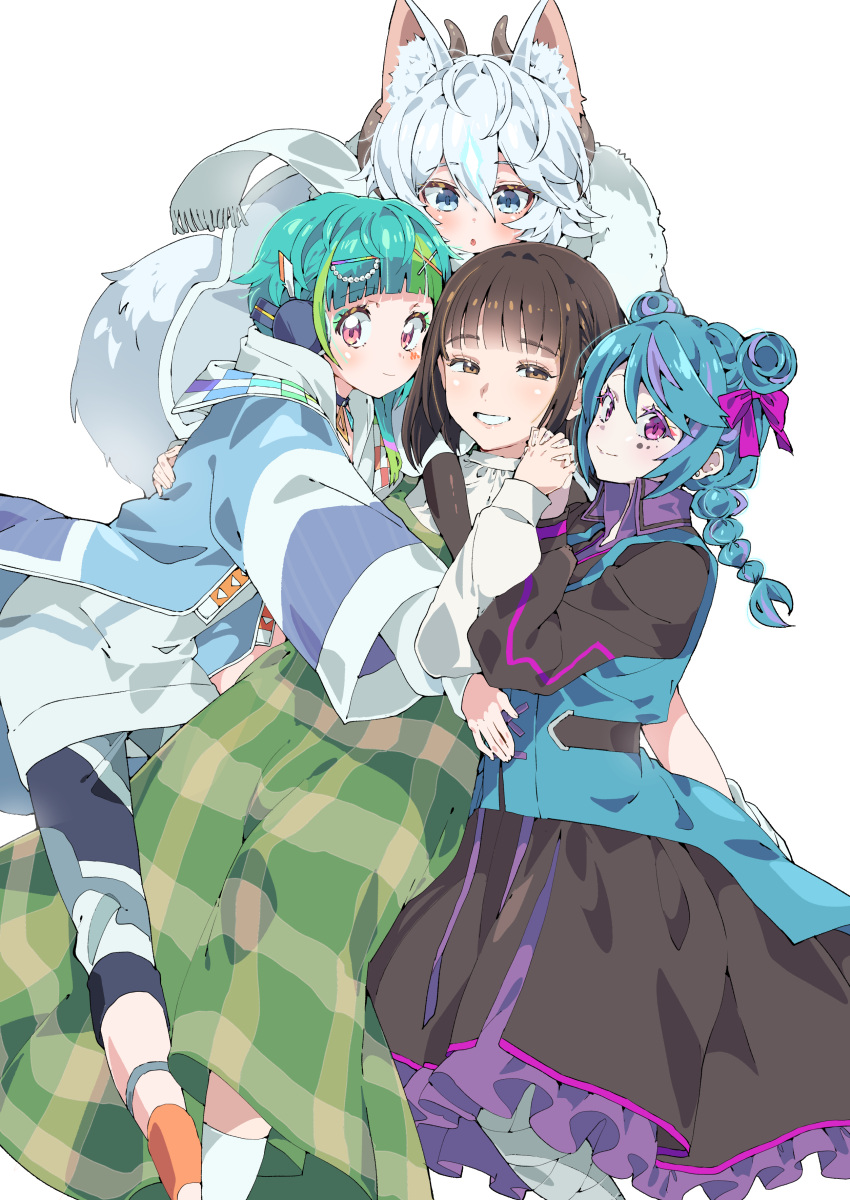 4girls absurdres akine_emi animal_ear_fluff animal_ears black_dress blue_eyes blue_hair blue_jacket blunt_bangs braid brown_hair cat_ears closed_mouth crossover double_bun dress eyeshadow feet_out_of_frame frilled_dress frills fujidera_minori green_dress green_eyeshadow green_hair guardian_tales hair_bun hair_ornament headphones highres holding_hands horns hug idol_clothes jacket juugo_shoujo long_hair long_sleeves looking_at_viewer makeup multicolored_hair multiple_girls omega_auru omega_auru_(primagista) open_mouth pink_eyes pretty_series purple_eyes real_life short_hair simple_background smile streaked_hair tsujii_ruki twin_braids voice_actor voice_actor_connection waccha_primagi! white_background white_hair white_snow_(guardian_tales) x_hair_ornament