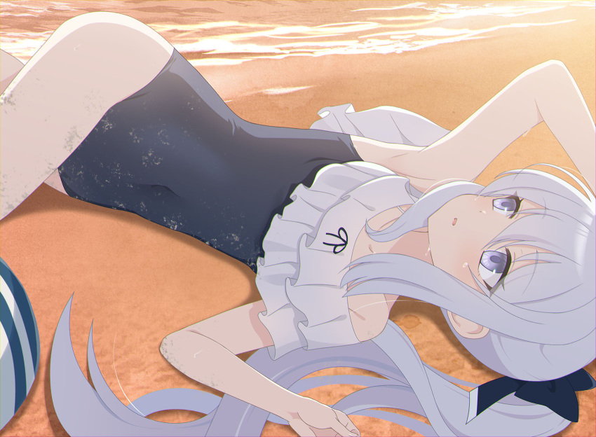 1girl armpits ball beach beachball black_one-piece_swimsuit blue_archive blurry bow casual_one-piece_swimsuit depth_of_field eko facing_viewer frilled_one-piece_swimsuit frills grey_hair hair_bow hair_ribbon highres looking_to_the_side lying miyako_(blue_archive) miyako_(swimsuit)_(blue_archive) ocean official_alternate_costume official_alternate_hairstyle on_back one-piece_swimsuit outdoors parted_lips purple_eyes ribbon swimsuit