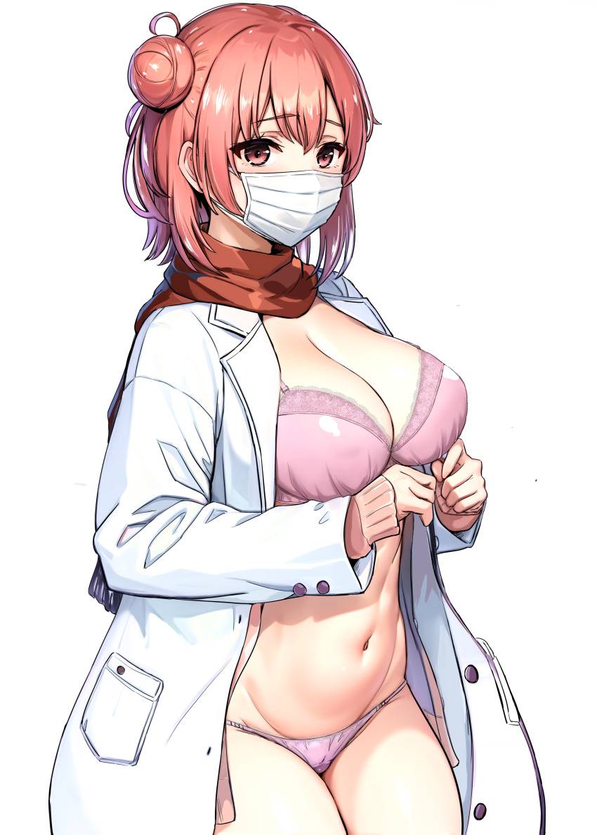 1girl absurdres bra breasts cardigan cleavage coat commentary_request hair_bun highres inanaki_shiki large_breasts long_sleeves looking_at_viewer mask mouth_mask navel open_cardigan open_clothes open_coat panties pink_bra pink_eyes pink_hair pink_panties red_scarf scarf short_hair single_hair_bun solo surgical_mask underwear white_background white_coat white_mask yahari_ore_no_seishun_lovecome_wa_machigatteiru. yuigahama_yui