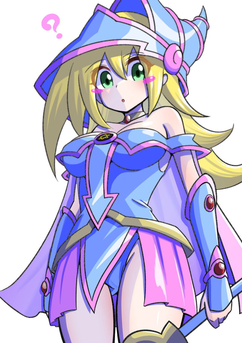 1girl ? bare_shoulders blonde_hair blue_headwear blush_stickers breasts choker cowboy_shot dark_magician_girl duel_monster green_eyes hair_between_eyes hat highres holding holding_staff long_hair looking_at_viewer parted_lips sengenjin31 solo staff white_background wizard_hat yu-gi-oh! yu-gi-oh!_duel_monsters