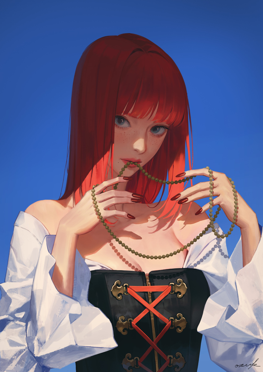 1girl absurdres bare_shoulders blue_background blue_eyes blunt_bangs breasts cleavage closed_mouth cross-laced_clothes eyelashes freckles hands_up highres holding holding_jewelry holding_necklace jewelry korean_commentary long_sleeves looking_at_viewer medium_hair nail_polish necklace off_shoulder original osuk2 red_hair red_nails signature simple_background solo straight_hair unworn_jewelry unworn_necklace upper_body white_sleeves wide_sleeves zipper