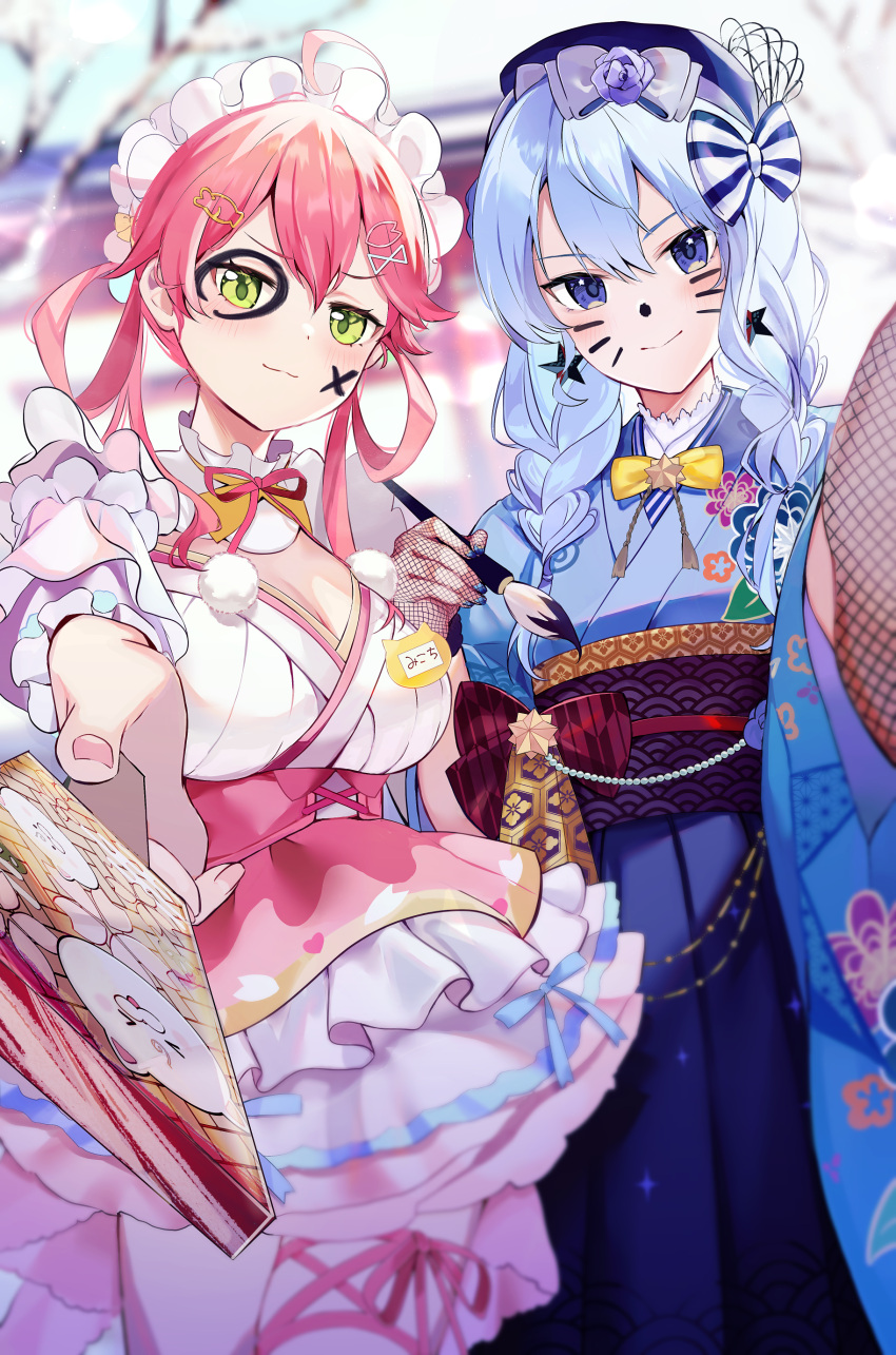 2girls absurdres aya02ka bare_tree blue_eyes blue_hair blue_kimono blurry blurry_background braid breasts commentary_request cowboy_shot facial_mark fishnet_gloves fishnets gloves green_eyes hagoita hair_rings highres holding holding_paddle holding_paintbrush hololive hoshimachi_suisei hoshimachi_suisei_(new_year) japanese_clothes kimono large_breasts leg_ribbon light_blue_hair lolita_fashion maid_headdress medium_hair multiple_girls name_tag obi paddle paintbrush pink_hair pink_ribbon pink_skirt ribbon sakura_miko sakura_miko_(new_year) sash skirt sleeveless sleeveless_kimono smile table_tennis_paddle thigh_ribbon torii tree twin_braids virtual_youtuber wa_lolita white_kimono