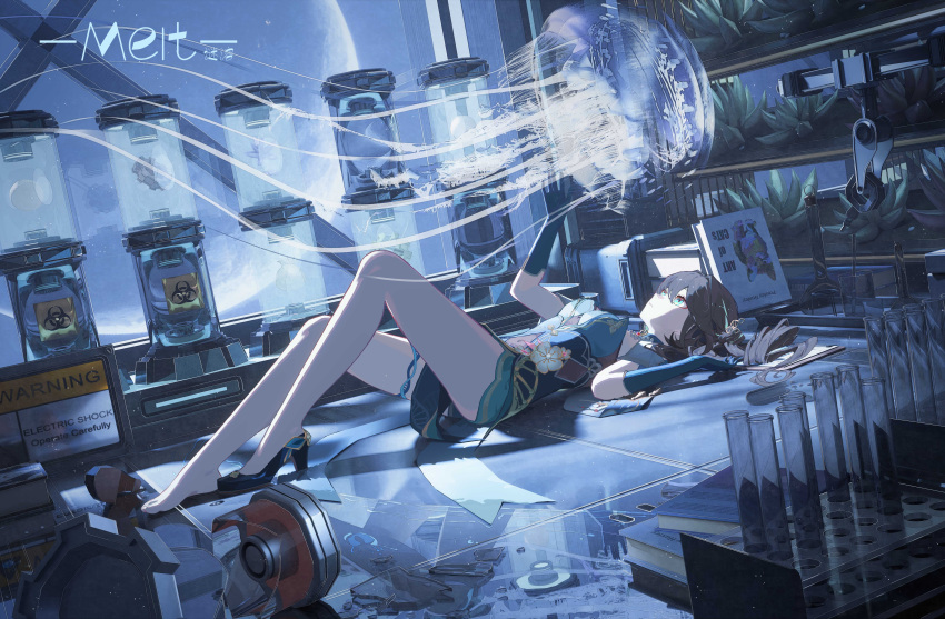 1girl absurdres arm_up artist_name book book_stack broken_glass brown_hair cat closed_mouth commentary_request dress expressionless full_body glass gloves green_dress green_eyes green_gloves hair_intakes high_heels highres honkai:_star_rail honkai_(series) indoors jellyfish long_hair meirong moon notepad on_floor plant radiation_symbol ruan_mei_(honkai:_star_rail) shoes sign single_barefoot single_shoe solo thigh_strap vial warning_sign
