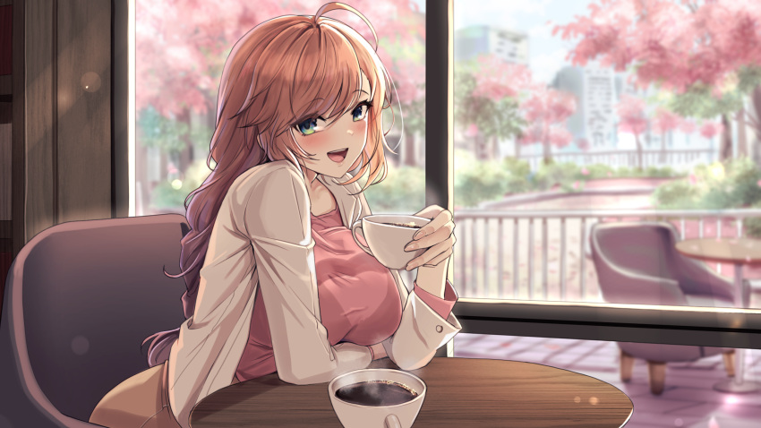 1girl :d ahoge arm_under_breasts benevolent_leanne black_bra blurry blurry_background blush bra bra_visible_through_clothes breasts brown_hair building cafe chair cherry_blossoms cityscape coffee cup day from_side hand_up highres holding holding_cup indoors jacket large_breasts last_origin leaning_forward leaning_on_object leaning_on_table lens_flare long_hair long_sleeves looking_at_viewer looking_to_the_side multicolored_eyes open_clothes open_jacket open_mouth pink_shirt pinkmarine railing round_table see-through see-through_shirt shirt sitting smile solo steam sunlight swept_bangs table teeth tongue tree underwear upper_body upper_teeth_only white_jacket window wooden_table