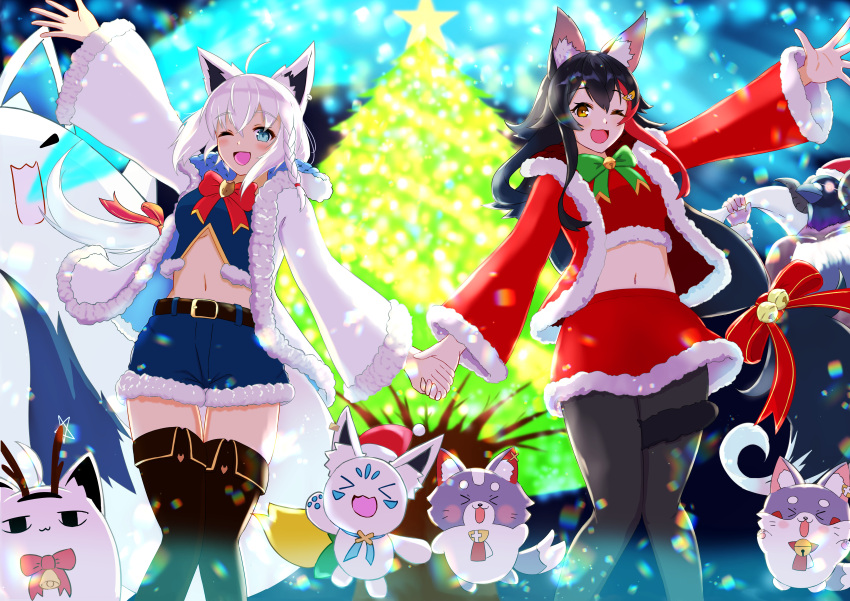 2girls absurdres ahoge animal_ear_fluff animal_ears belt blue_shirt blue_shorts blurry blurry_background blush boots braid christmas christmas_tree commentary_request crop_top earrings fox_ears fox_girl fox_tail fubuzilla_(shirakami_fubuki) fur-trimmed_jacket fur-trimmed_shirt fur-trimmed_shorts fur-trimmed_skirt fur_trim green_eyes hair_between_eyes hatotaurus_(ookami_mio) highres holding_hands hololive jacket jewelry light_particles long_hair looking_at_viewer midriff miofa_(ookami_mio) miteiru_(shirakami_fubuki) multiple_girls navel one_eye_closed ookami_mio open_clothes open_jacket open_mouth outstretched_arms pantyhose red_jacket red_shirt red_skirt shirakami_fubuki shirt shorts sidelocks single_braid skirt sukonbu_(shirakami_fubuki) tail tail_around_own_leg thigh_boots user_dypn8323 virtual_youtuber white_hair white_jacket wolf_ears wolf_girl wolf_tail