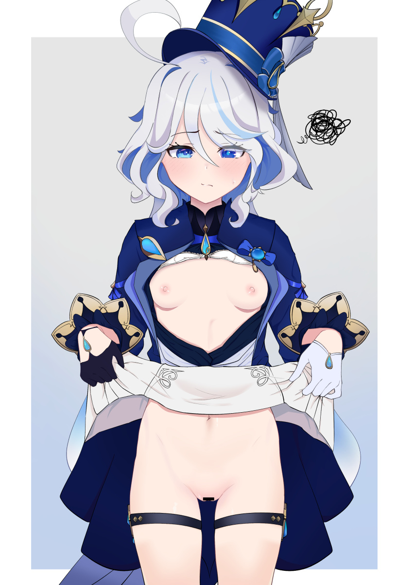 0haribo0 1girl :/ absurdres ahoge bar_censor blue_eyes blue_hair blush breasts censored clothes_lift cowboy_shot dress dress_lift furina_(genshin_impact) genshin_impact gloves half_gloves hat heterochromia highres lifted_by_self multicolored_hair navel nipples pussy scribble small_breasts solo sweatdrop thigh_strap top_hat white_hair
