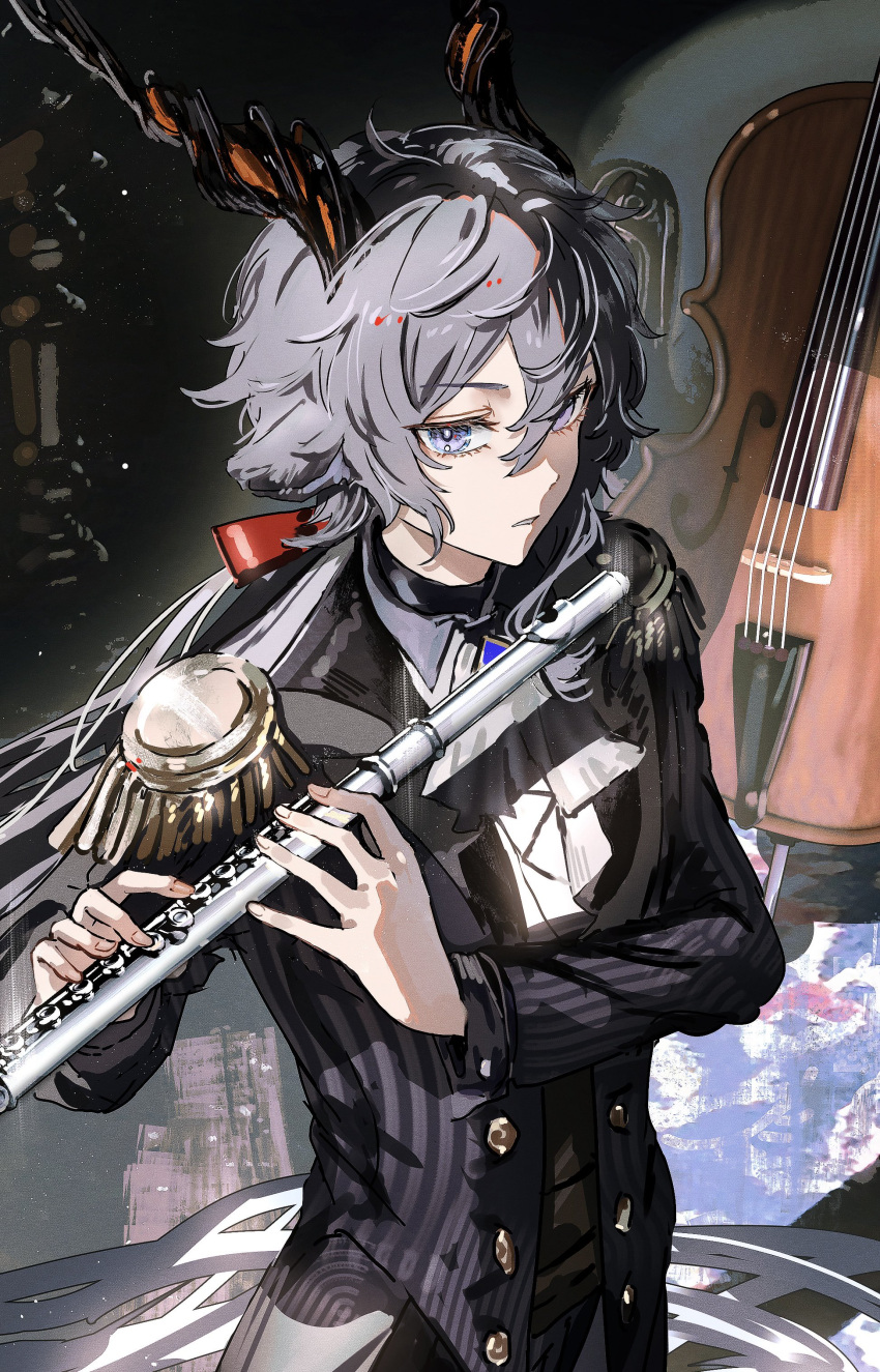 1boy absurdres animal_ears arknights ascot black_hair black_jacket cello ebenholz_(arknights) epaulettes flute gawako goat_boy goat_ears goat_horns hair_between_eyes hair_ribbon highres holding holding_instrument horns instrument jacket long_sleeves looking_at_viewer male_focus parted_lips playing_flute ponytail purple_eyes red_ribbon ribbon short_hair_with_long_locks solo suit white_ascot